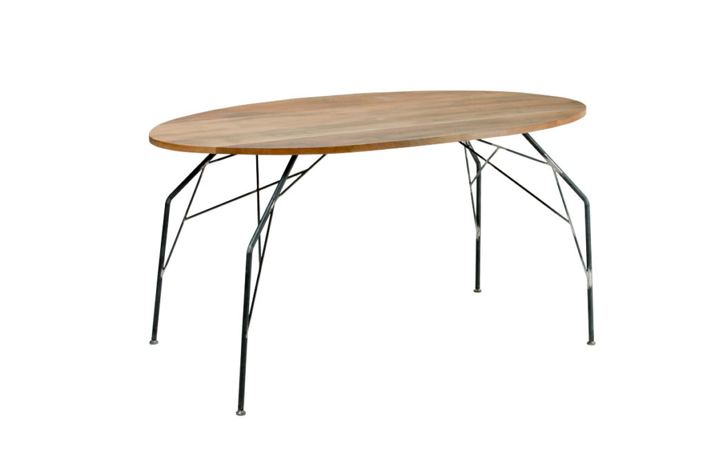 tavolo fisso piano in legno massello striato e gambe in ferro sottile 