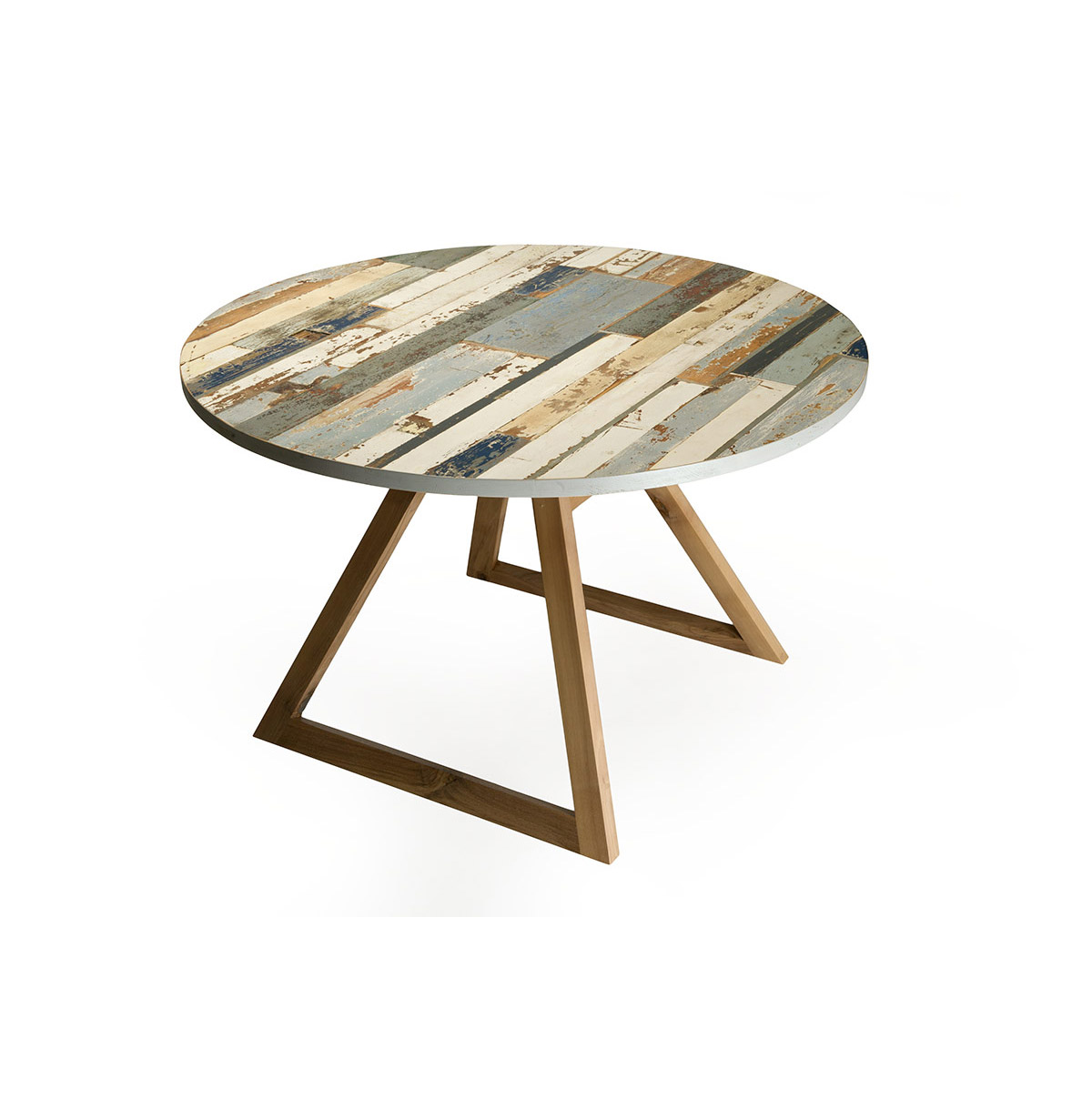 tavolo rotondo da pranzo con gambe in massello e piano in listelli legno vintage azzurro